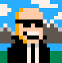 Pixel-art portrait of the developer: a bald man in sunglasses and a black suit with a tie, with mountains and sky behind him.
